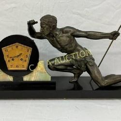 Art Deco Bronze Figural Mantel Clock with Onyx Acc