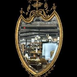 ORNATE GOLD GILDED SHIELD URN TOP BEVELED MIRROR