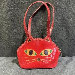 Shantiniketan hand-painted leather cat face Purse