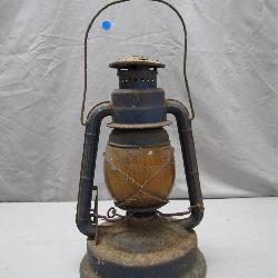Blue Lantern With Amber Glass and Wire Handle