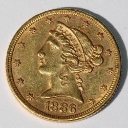 1886 Liberty Head Half Dollar US $5 Gold Coin