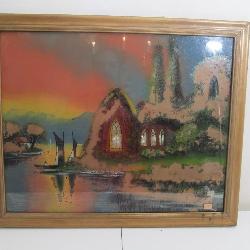 Reverse Painted Church Picture Antique