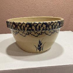Vintage Robinson Ransbottom Pottery Bowl, with Blue Sponge Band and Hand Painted Wheat Motif