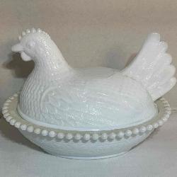 Vintage White Milk Glass Hen on a Nest Covered Candy Dish made by the Indiana Glass Company