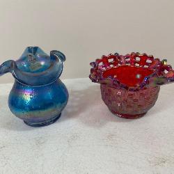 Fenton Amberina glass basket weave bowl and ruffled vase