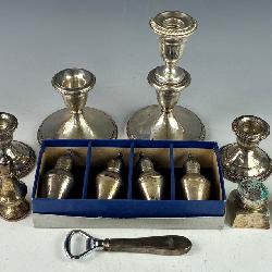 #2504 Large Sterling Silver Group Incl. Candlesticks, S&P Shakers, Bottle Opener, etc.