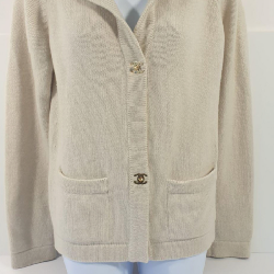 Vintage CHANEL Cashmere, Cream Colored Cardigan with CC Buttons