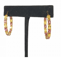14K, Yellow Gold Multicolor Pink & Yellow Gemstone Hoop Earrings