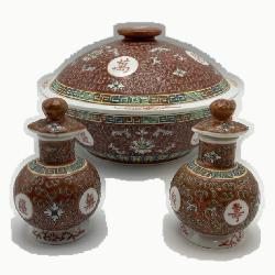Chinese-Style Red-Ground Porcelain Tureen & Scent Bottle Set