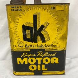 Vintage OK Motor Oil Tin Can, Two-Gallon, Yellow and Black Design